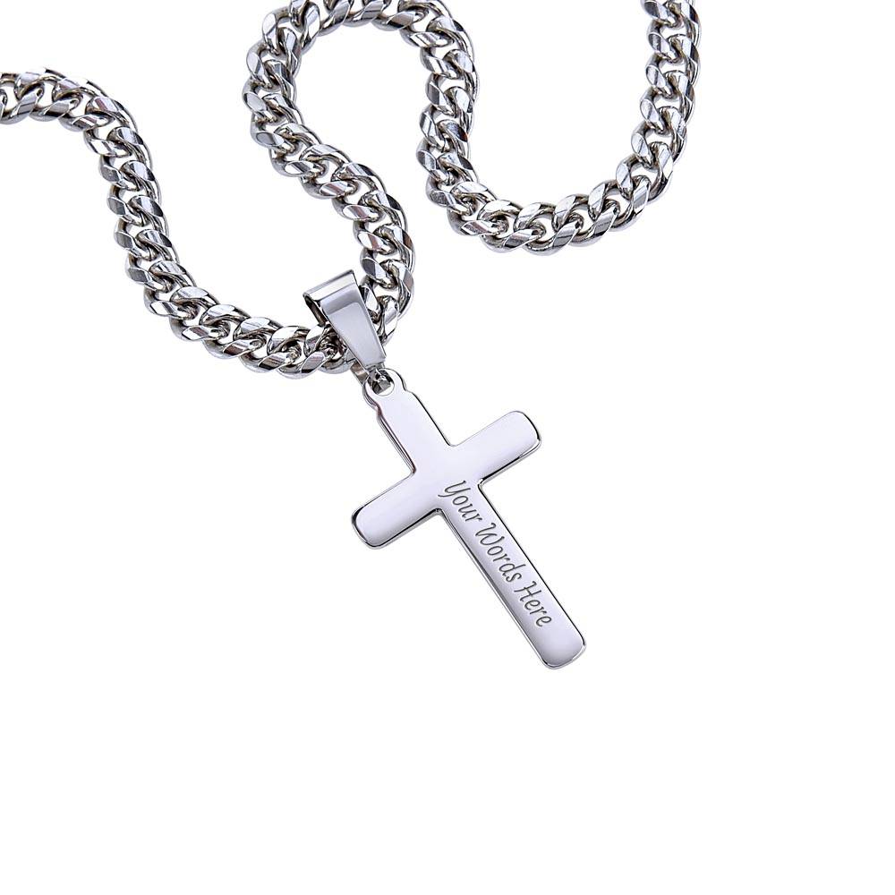 Personalized Steel Cross Necklace For Son on Cuban Chain