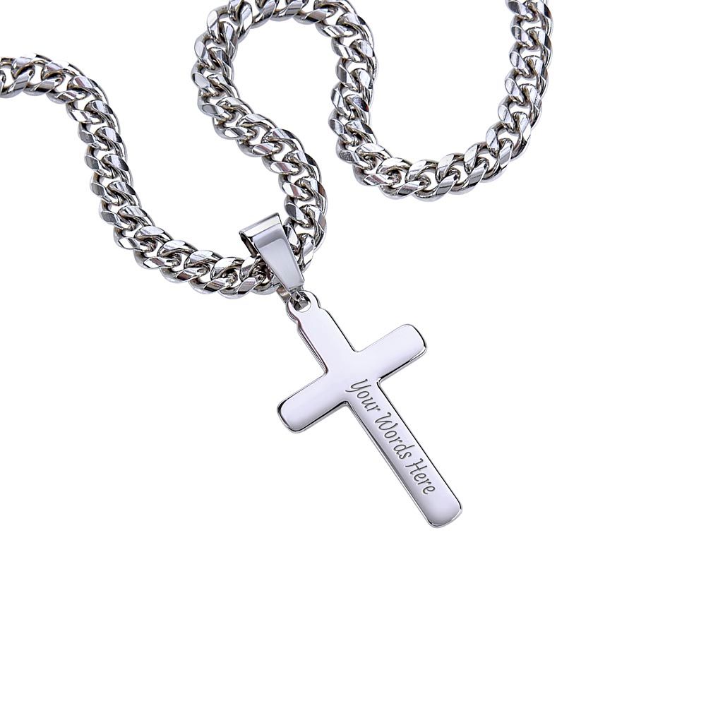To My Man Promise Necklace - Engraved Mens Cross with Cuban Chain