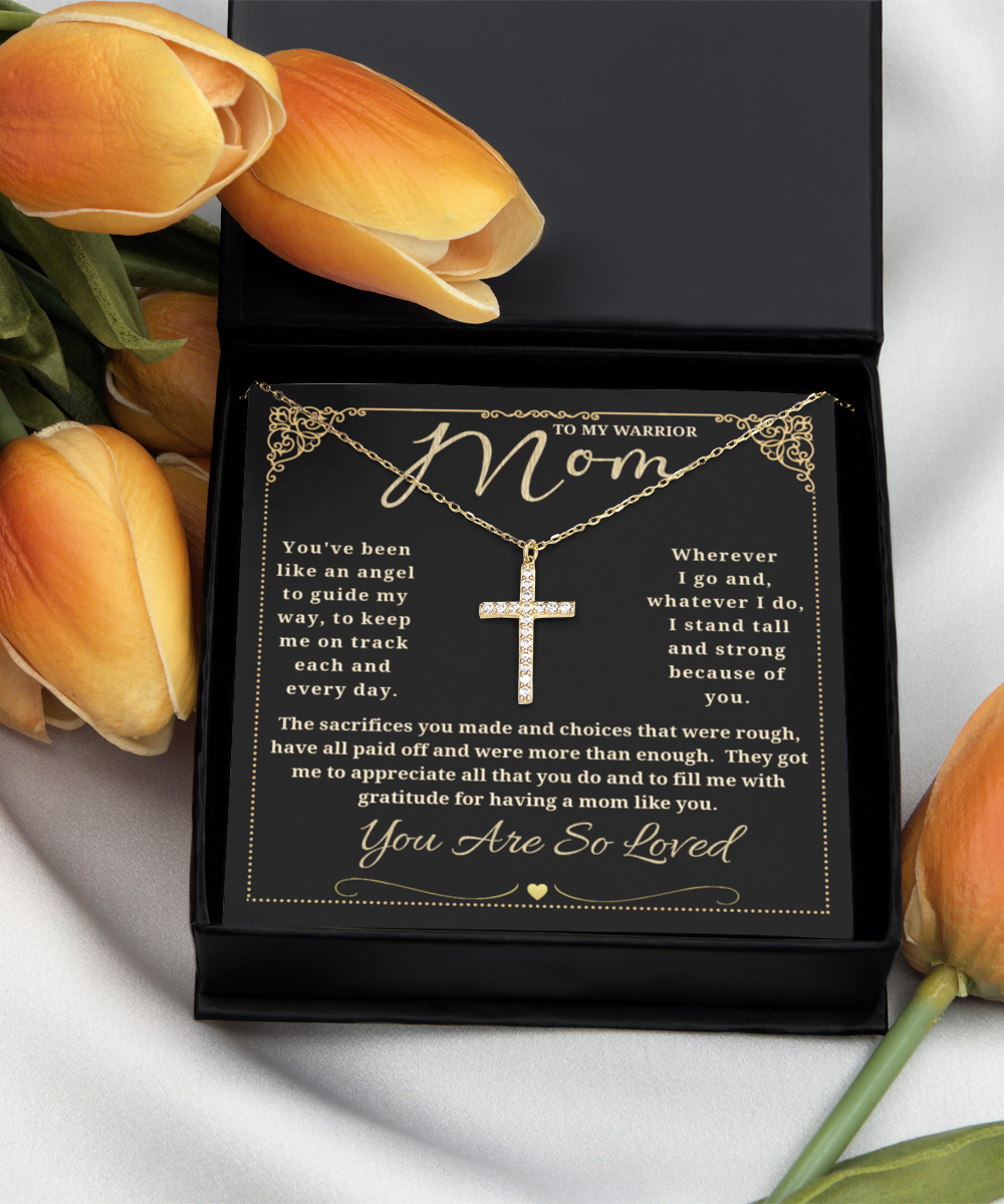 To My Warrior Mom - Gold Cross necklace with poem card 925 sterling silver
